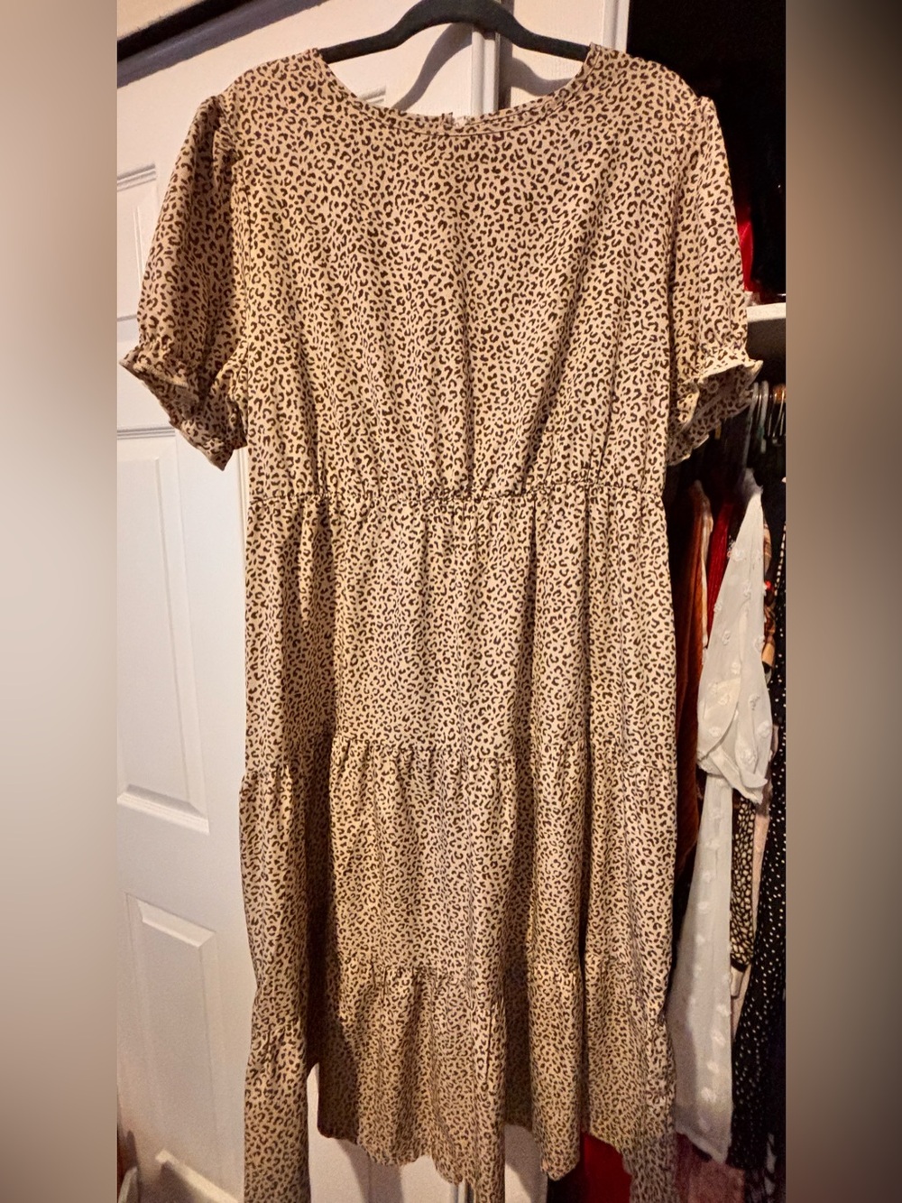 Beige Leopard Print Casual Tiered Midi Dress